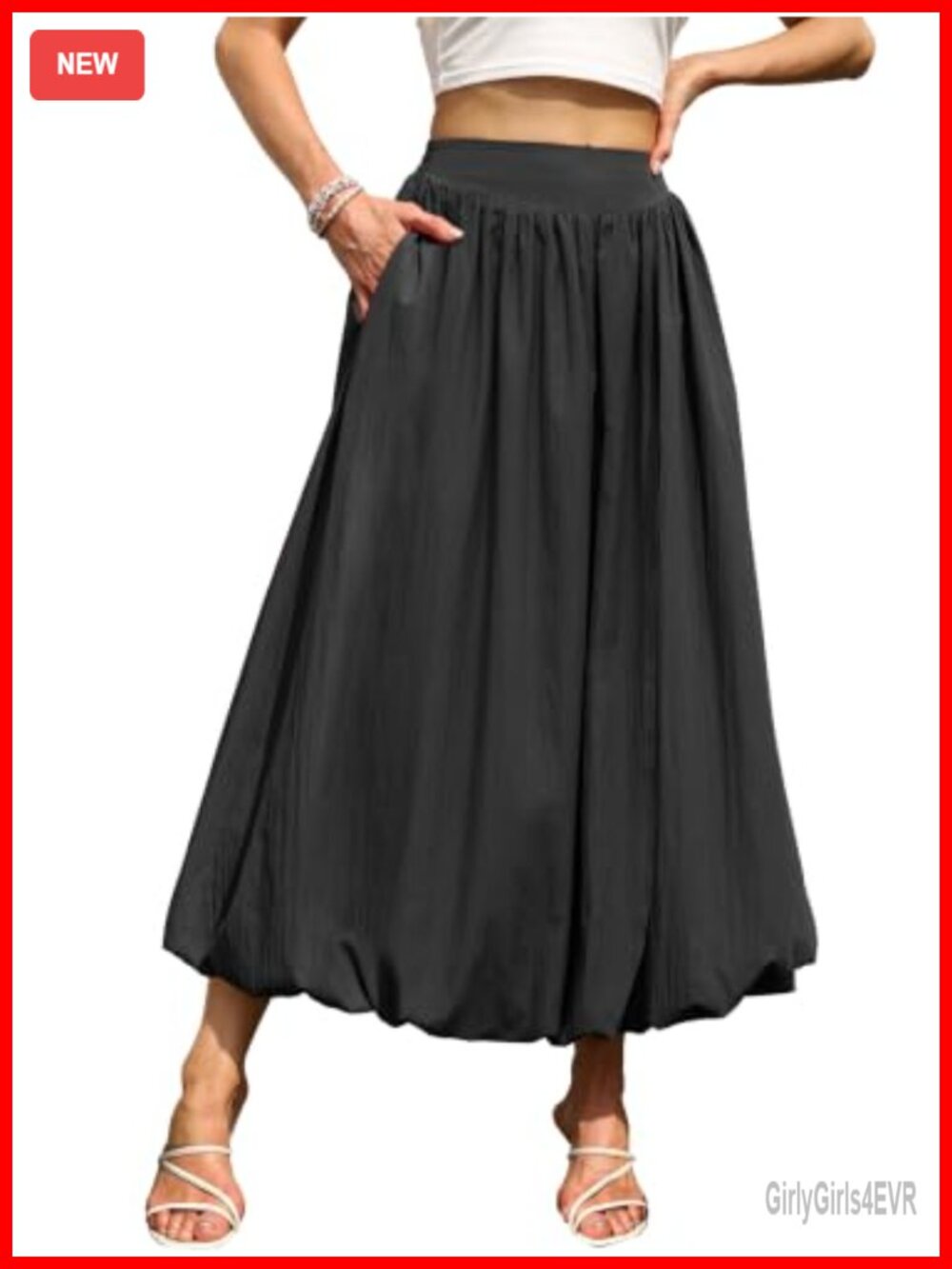 Polyester A-Line Bubble Maxi Skirt Pockets Lined Elastic Waist